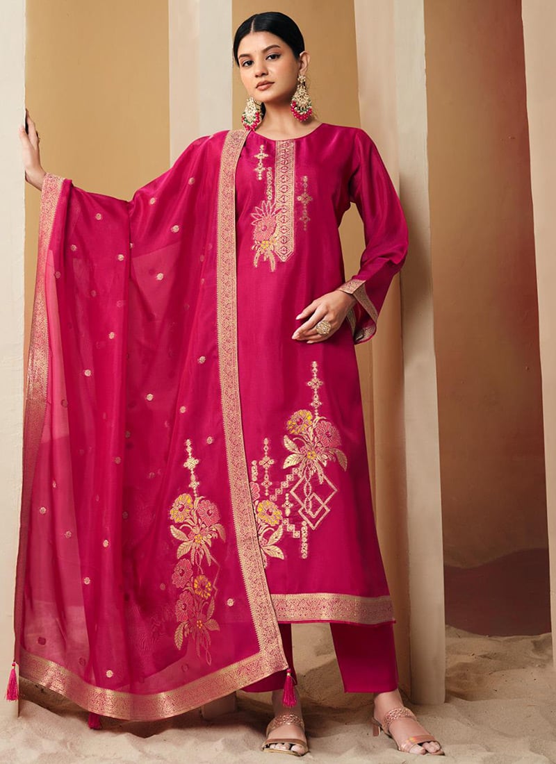 Magenta Silk Jacquard Woven Straight Pant Suit Festive Wear