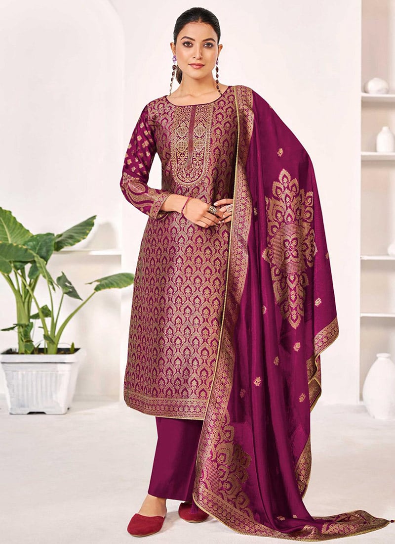 Magenta Silk Jacquard Woven Straight Pant Suit Festive Wear