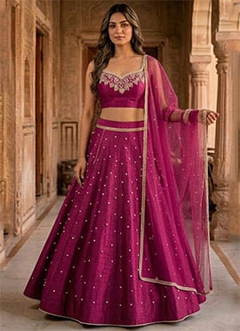 Magenta Silk Moti Hand Embroidered Lehenga