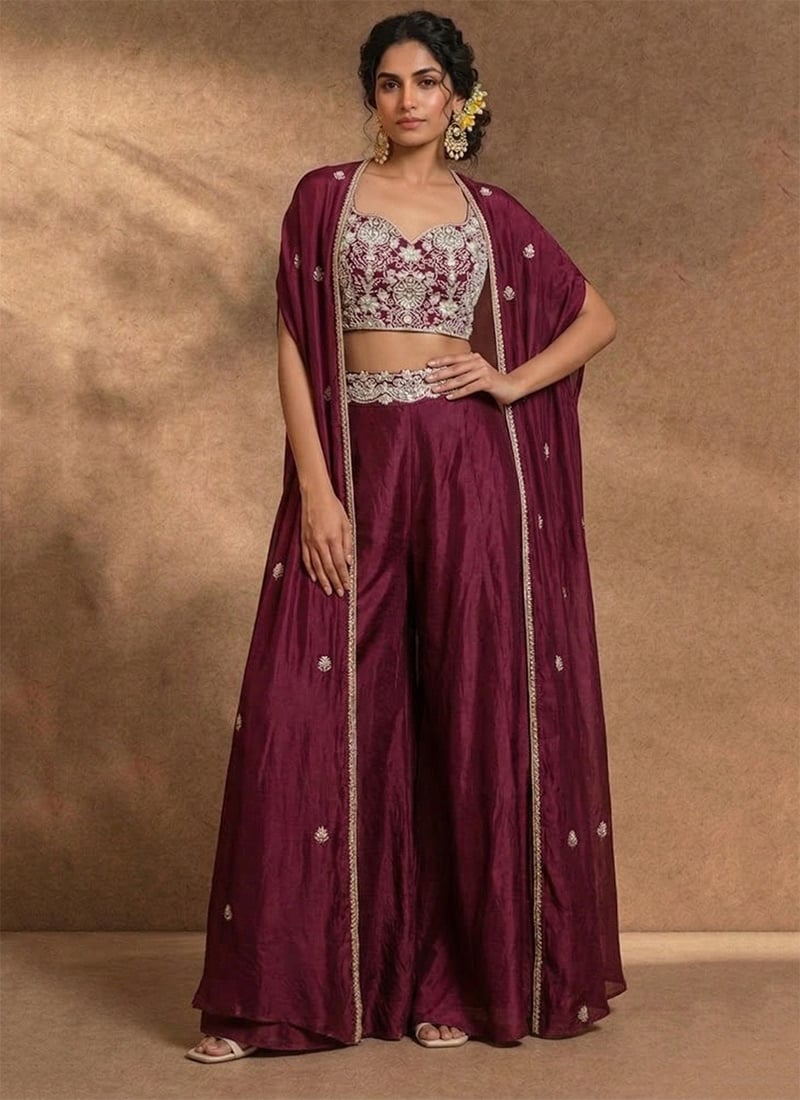 Magenta Silk Resham Indowestern Jacket Palazzo Set Wedding Wear