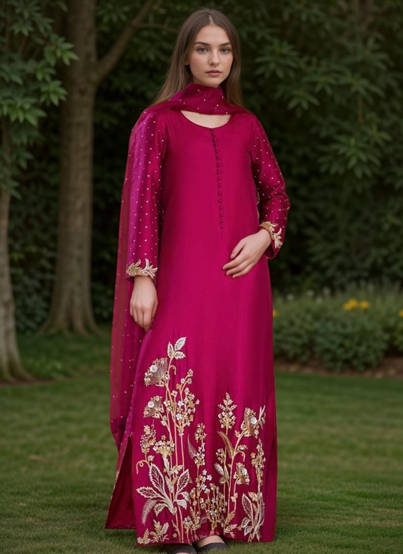 Magenta Silk Zardosi Beads Hand Embroidered Stylish Straight Suit Festive Wear