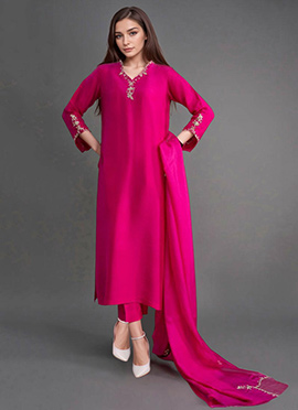Magenta Silk Zardosi Hand Embroidered Straight Pant Suit