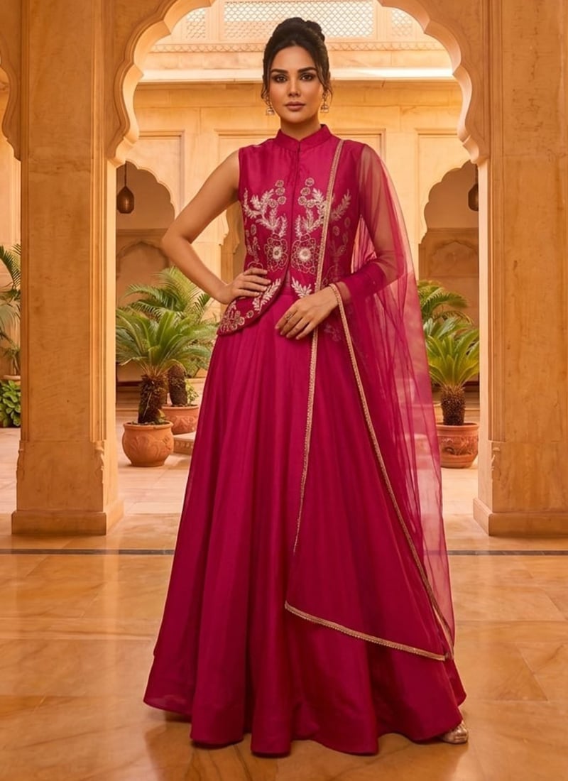 Magenta Silk Zari Embroidered Lehenga Wedding Wear