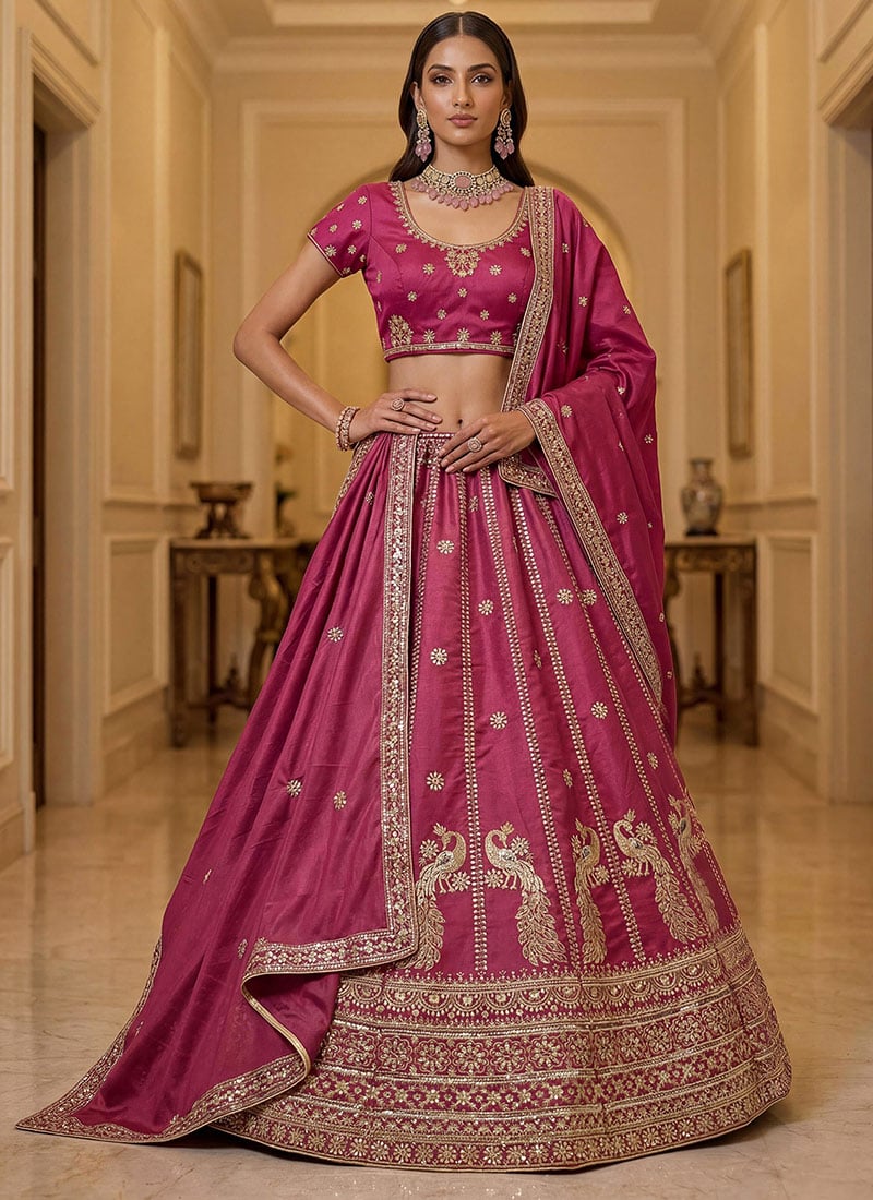 Magenta Silk Zari Embroidered Sequins Lehenga Wedding Wear