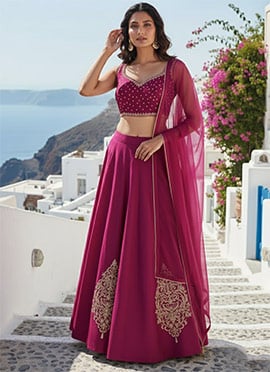 Magenta Silk Zari Hand Embroidered Stones Sequins Lehenga