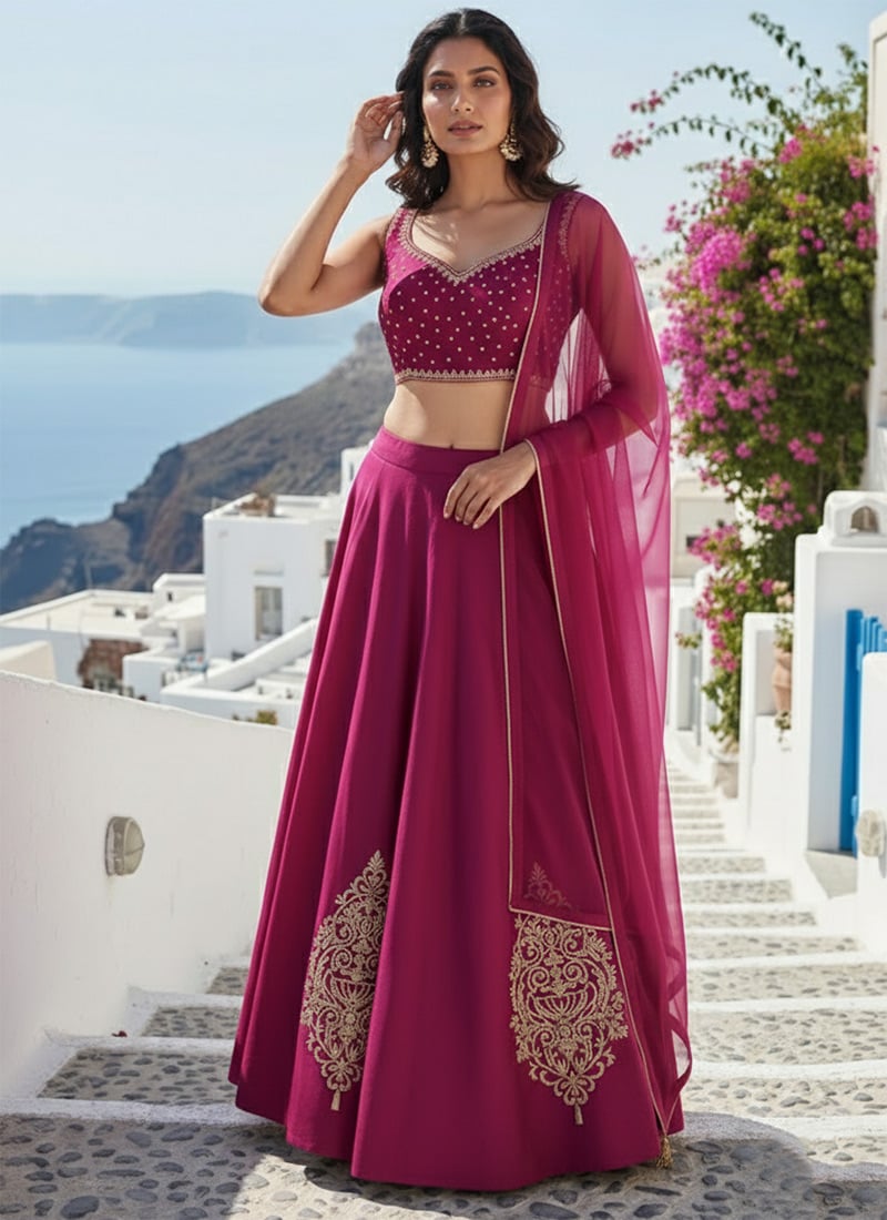Magenta Silk Zari Hand Embroidered Stones Sequins Lehenga Wedding Wear