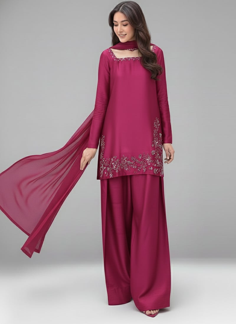 Magenta Silk Zari Hand Embroidery Farshi Salwar Suit Festive Wear