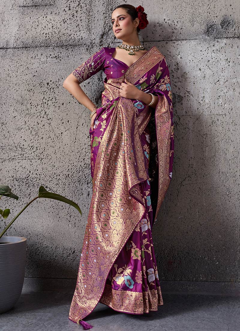 Magenta Silk Zari Sequins Banarasi Saree Festive Wear