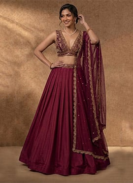 Magenta Silk Zari Sequins Embroidered Lehenga