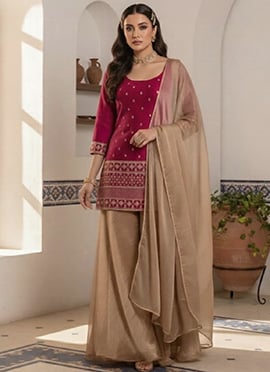 Magenta Silk Zari Sequins Palazzo Suit