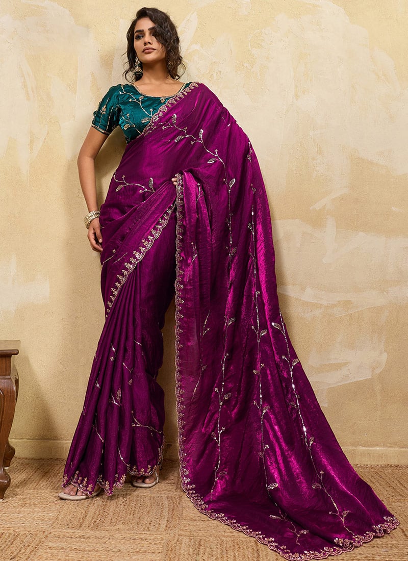 Magenta Velevet Zari Sequins Saree After Six Wear