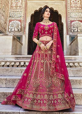 Magenta Velvet Embroidered Umbrella Lehenga Choli
