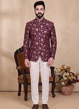 Magenta Velvet Floral Jacquard Brocade Jodhpuri Suit For Men
