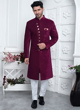 Magenta Velvet Indowestern Sherwani With Luxurious Sequins Embroidery