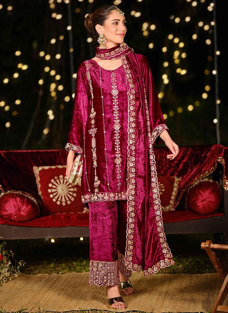 Magenta Velvet Sequins Embroidered Hand Work Beads Straight Pant Suit Festive Wear