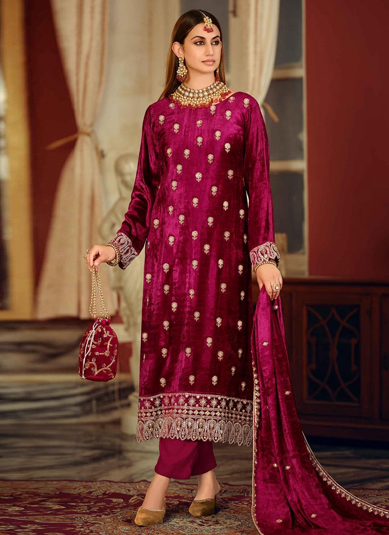 Magenta Velvet Zari Stone And Beads Work Straight Pant Suit Festive Wear