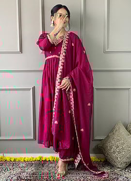 Magenta Vichitra Embroidered Beautiful Straight Pant Suit
