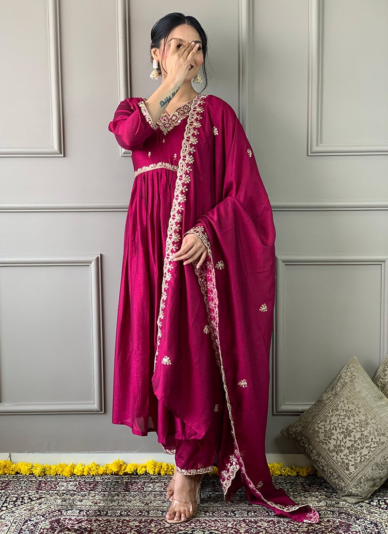 Magenta Vichitra Embroidered Beautiful Straight Pant Suit Festive Wear