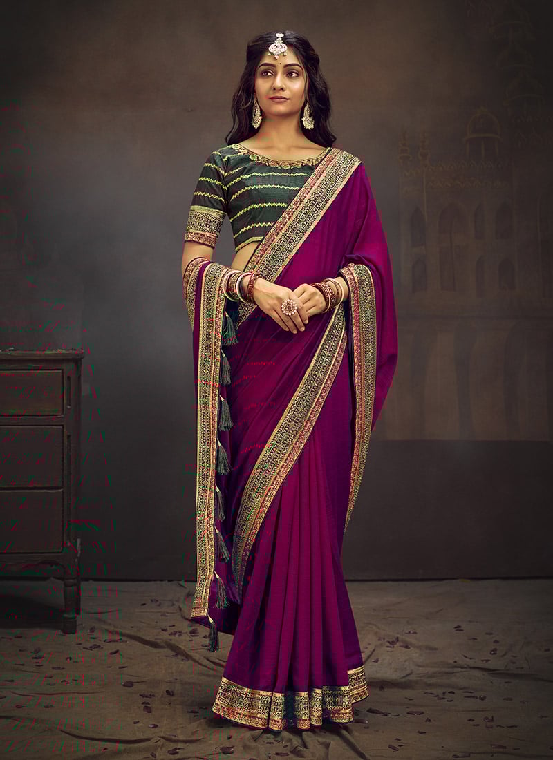 Magenta Vichitra Silk Embroidered Saree Festive Wear