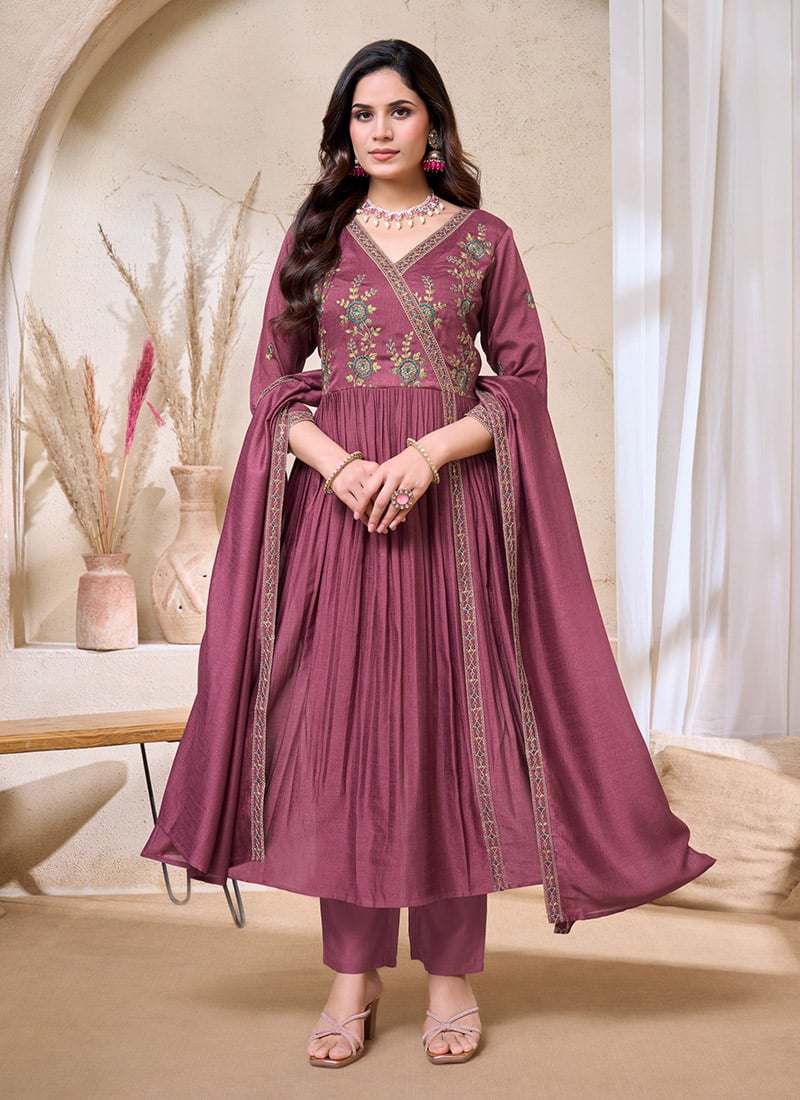 Magenta Vichitra Silk Embroidered Sequins Anarkali Suit After Six Wear