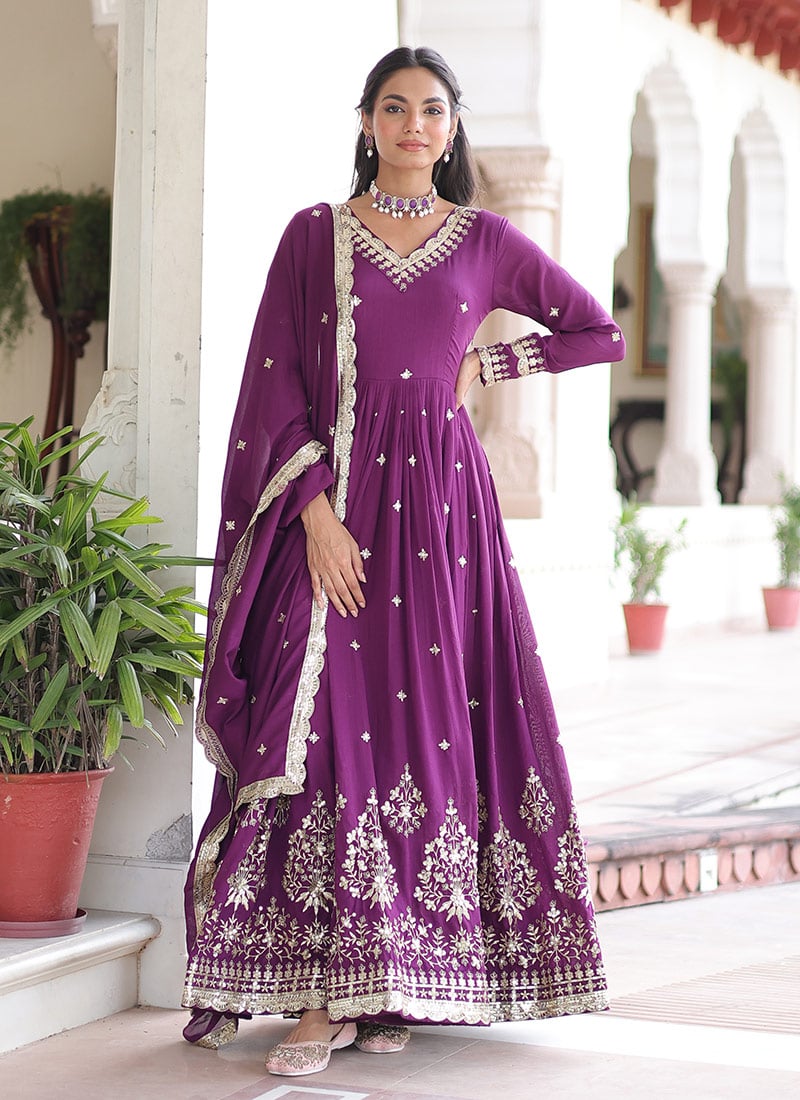 Magenta Vichitra Silk Sequins Embroidered Anarkali Suit Festive Wear