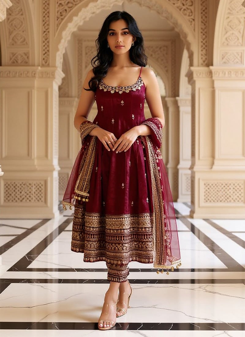 Magenta Vichitra Silk Sequins Embroidered Anarkali Suit Festive Wear