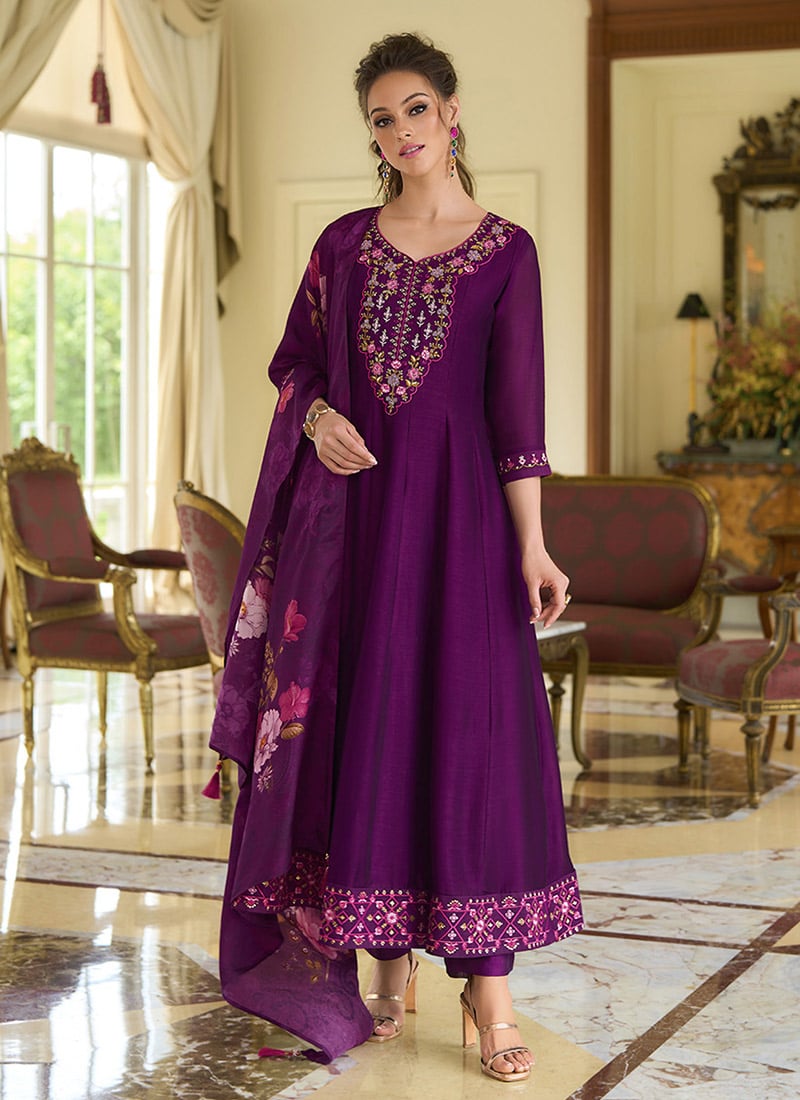 Magenta Vichitra Silk Sequins Embroidered And Beads Straight Pant Suit Festive Wear
