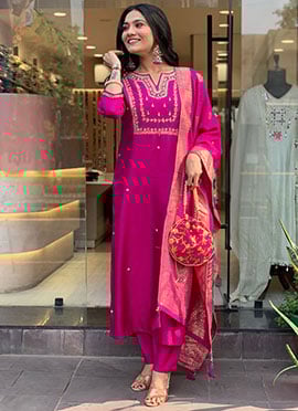 Magenta Viscose Chanderi Embroidered Straight Pant Suit With Jacquard Dupatta