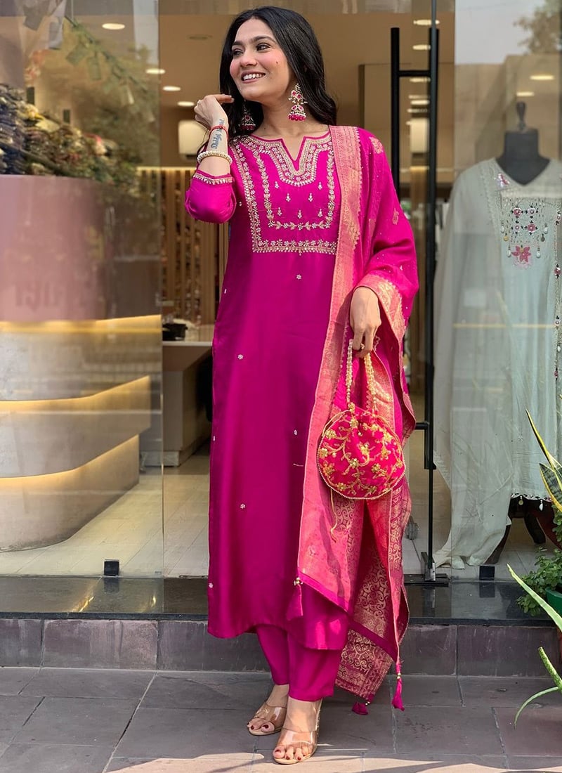 Magenta Viscose Chanderi Embroidered Straight Pant Suit With Jacquard Dupatta After Six Wear