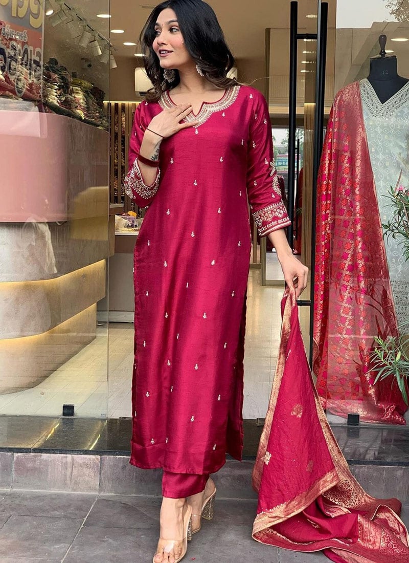 Magenta Viscose Chanderi Embroidered Straight Pant Suit With Jacquard Dupatta