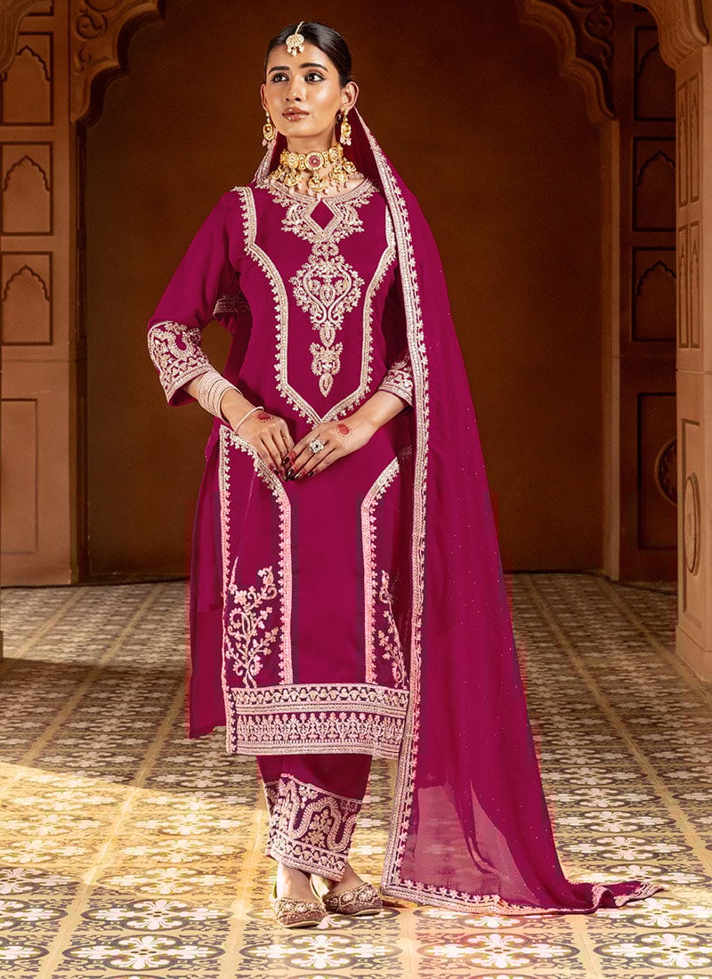 Magenta Viscose Silk Zari Sequins Gorgeous Straight Pant Suit Festive Wear