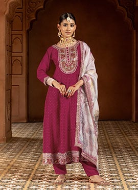 Magenta Viscose Silk Zari Sequins Straight Pant Suit With Digital Print Dupatta