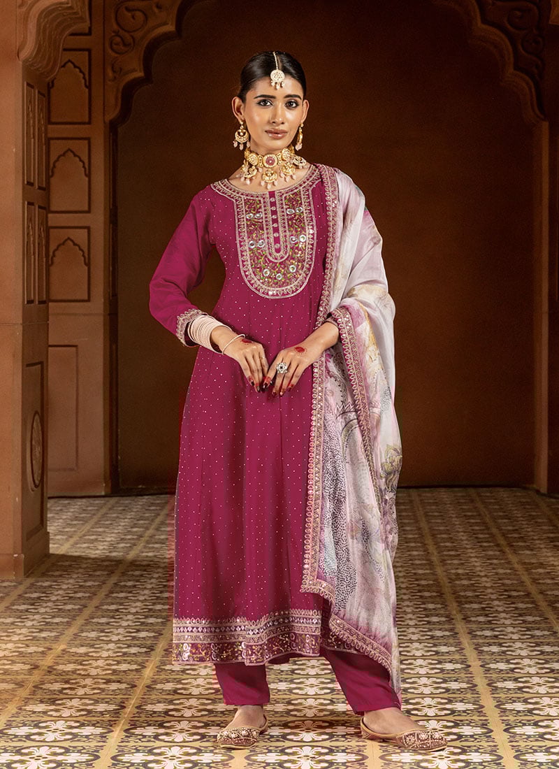 Magenta Viscose Silk Zari Sequins Straight Pant Suit With Digital Print Dupatta Festive Wear