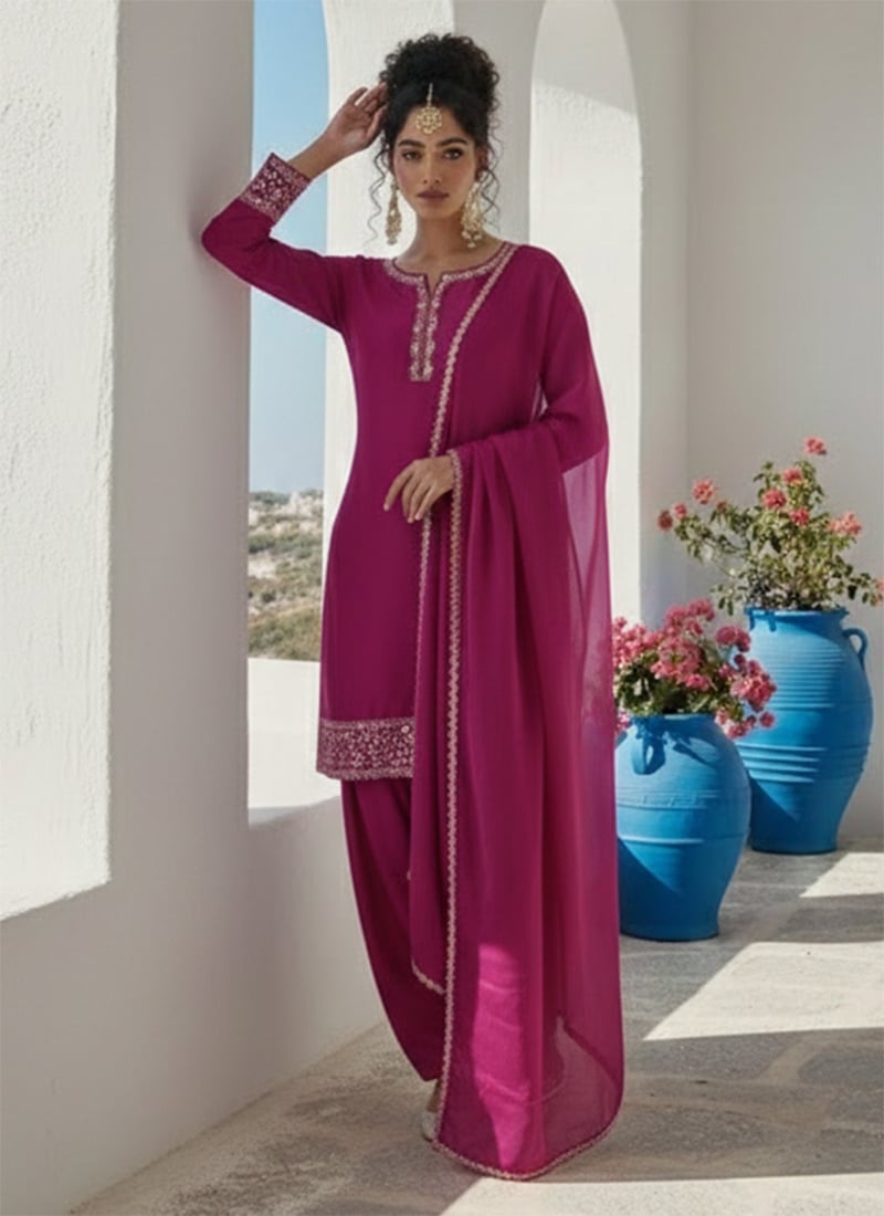 Magenta Zari Sequins Silk Salwar Suit Festive Wear