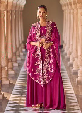 Magenta Zari Zardosi Hand Embroidered With Beads Cap Style Indowestern Palazzo Suits