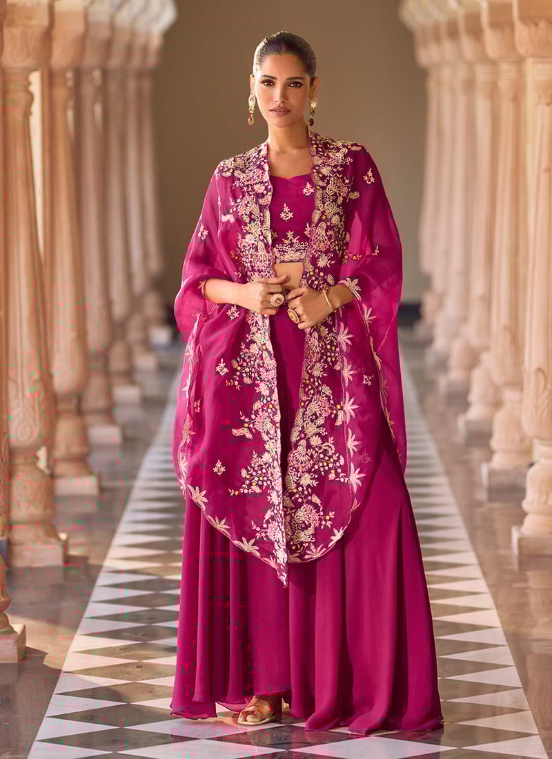 Magenta Zari Zardosi Hand Embroidered With Beads Cap Style Indowestern Palazzo Suits Wedding Wear
