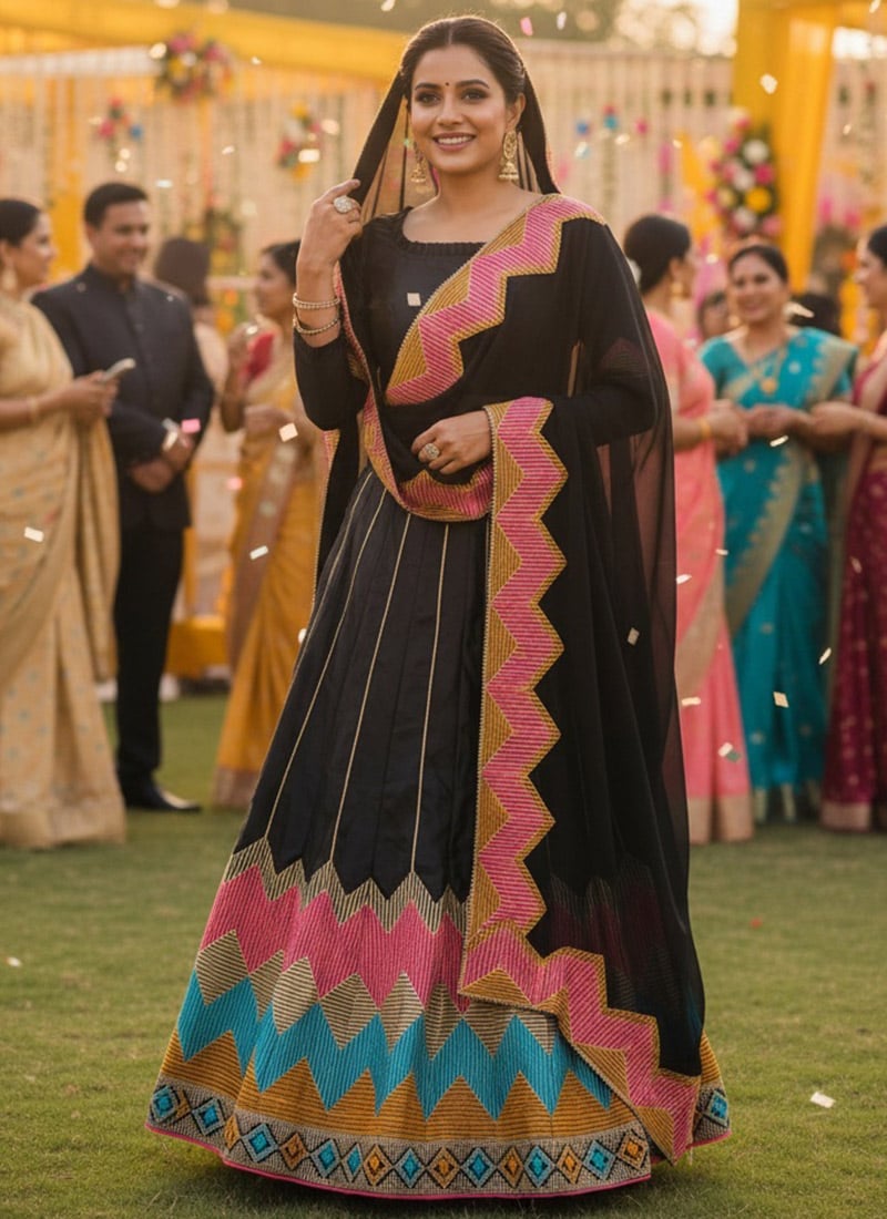 Magnificent Black Taffeta Silk Embroidery Thread Work Umbrella Lehenga After Six Wear