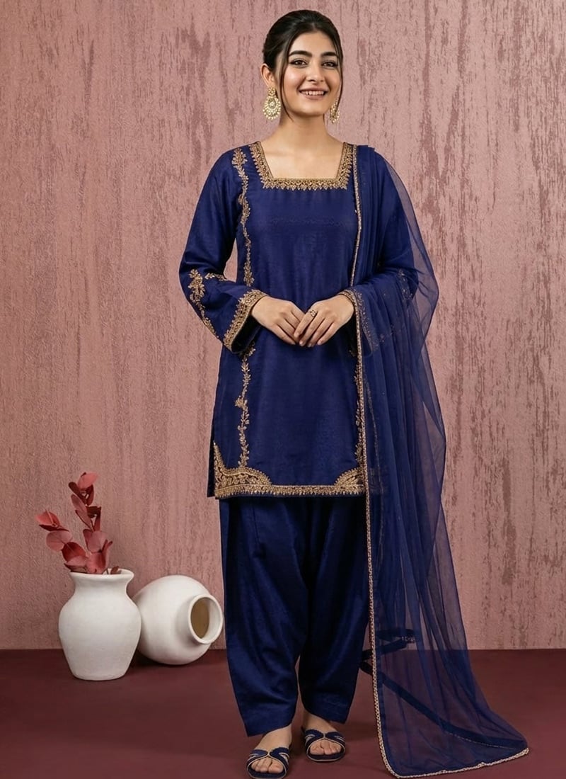Magnificent Blue Art Silk Zari Sequins Salwar Suit After Six Wear