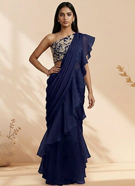 Magnificent Blue Organza Sequins Stones Hand Embroidered Saree