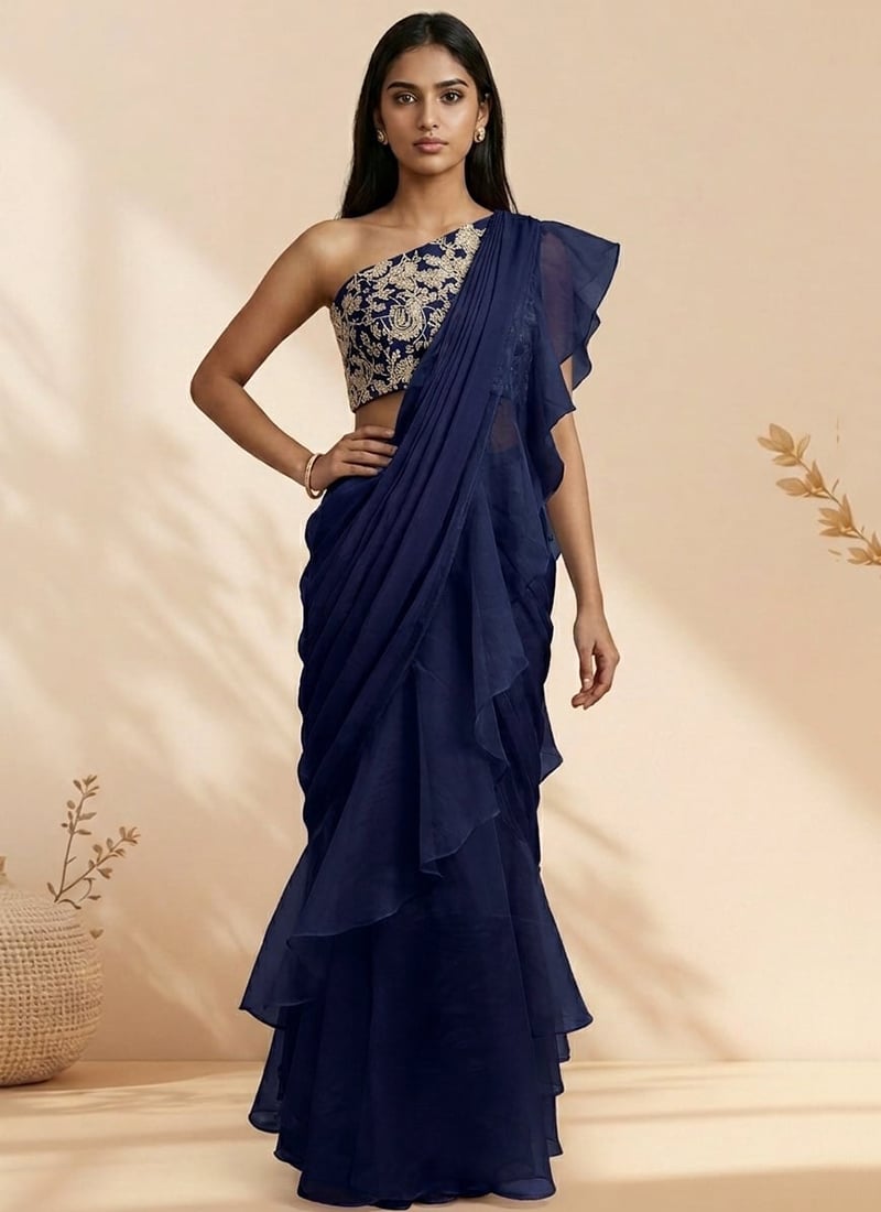 Magnificent Blue Organza Sequins Stones Hand Embroidered Saree Wedding Wear
