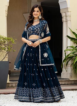 Magnificent Dark Blue Faux Georgette Zari Embroidered Sequins Umbrella Lehenga