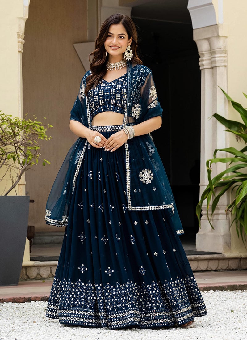 Magnificent Dark Blue Faux Georgette Zari Embroidered Sequins Umbrella Lehenga Wedding Wear