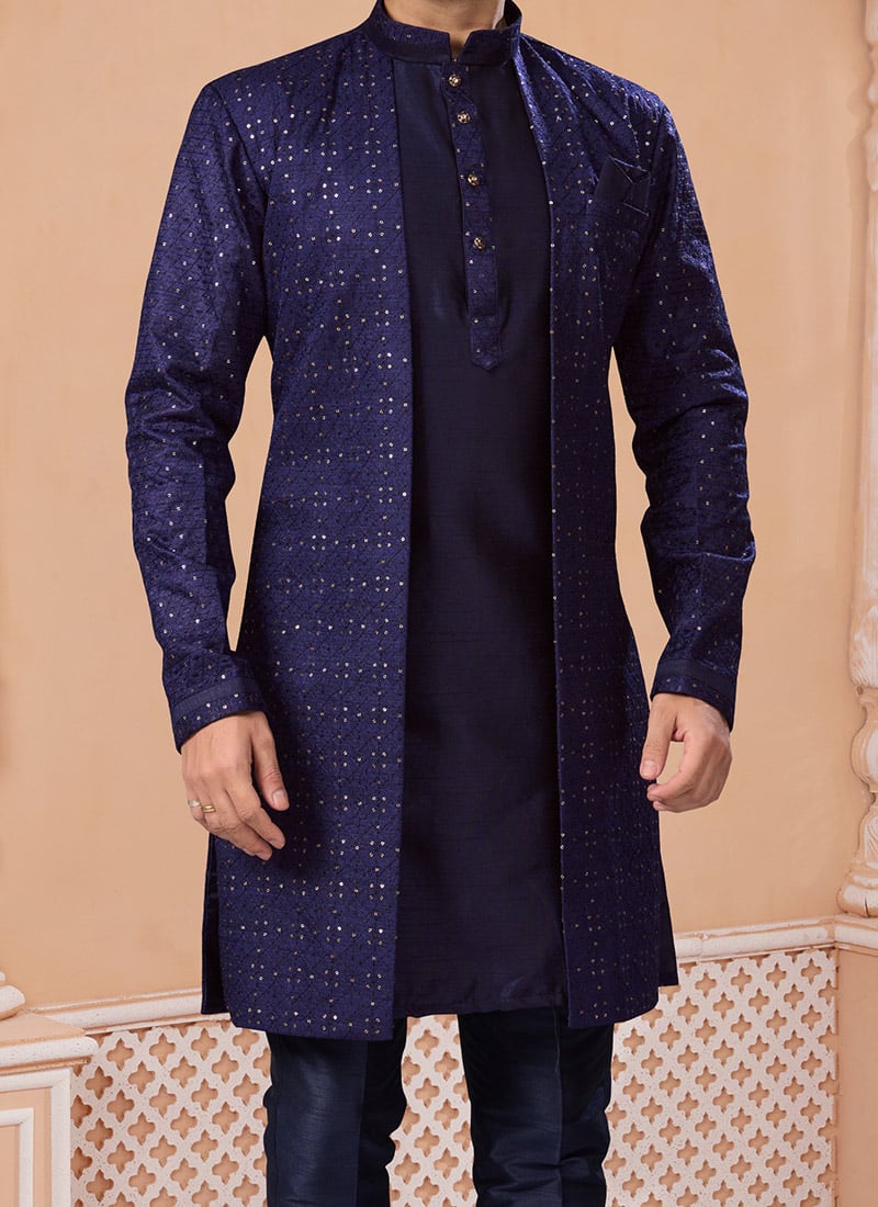 AHHAAAA Kids' Embroidered Jacquard Silk Sherwani – Boys' Wedding Sherwani Set with Festive Ethnic Prints |575| main image 0