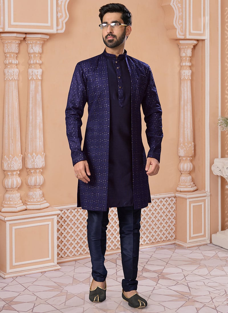 Magnificent Embroidered Jacquard Banarasi Silk Indowestern Sherwani Wedding Wear