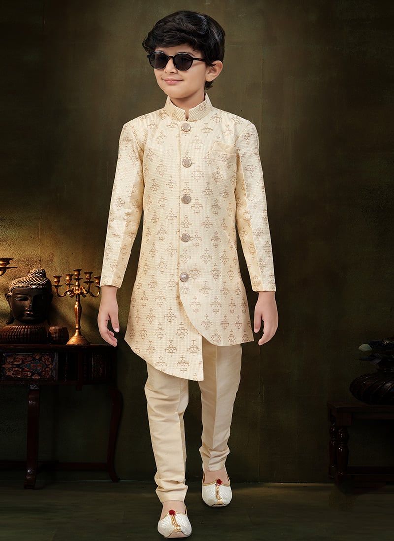 Magnificent Fawn Banarasi Silk Sequins Embroidered Kids Boys Indowestern Sherwani Wedding Wear