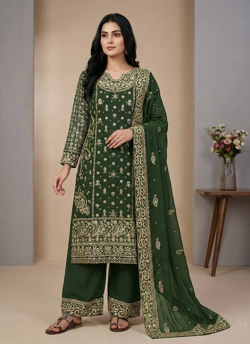 Magnificent Green Faux Georgette Embroidered Sequins Palazzo Suit Festive Wear