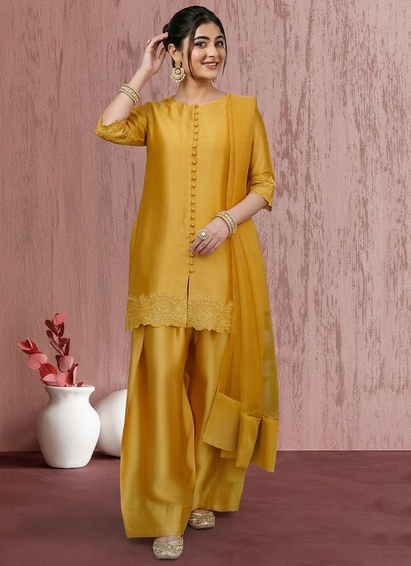 Magnificent Mustard Art Silk Zari Sequins Salwar Suit After Six Wear