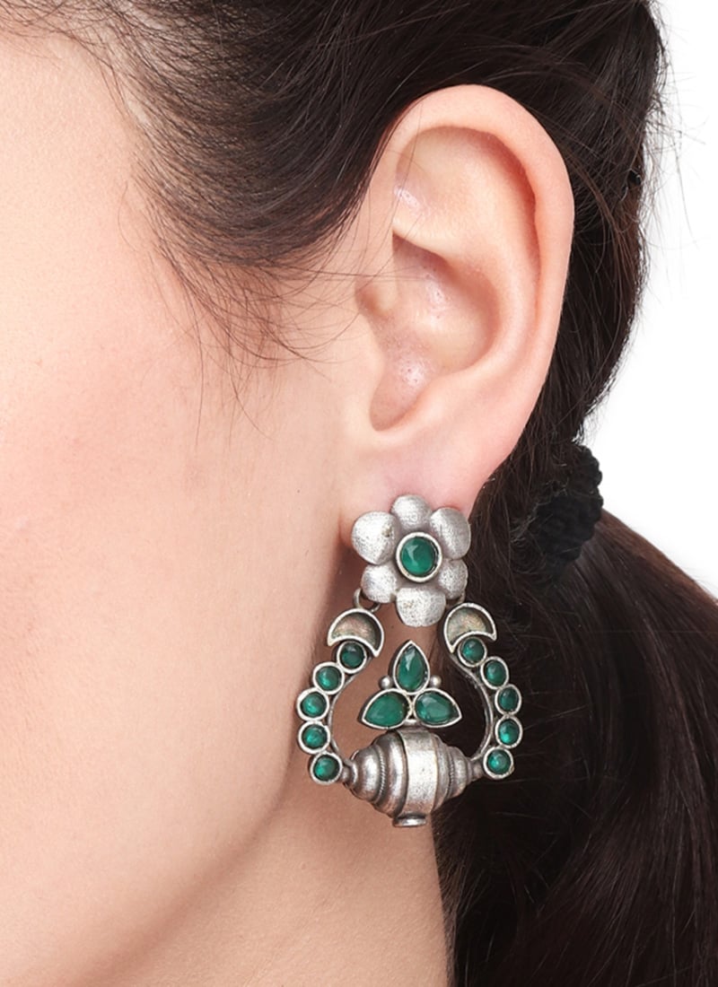 Magnificent Oxidised Emerald Floral Chandbali Festive Wear