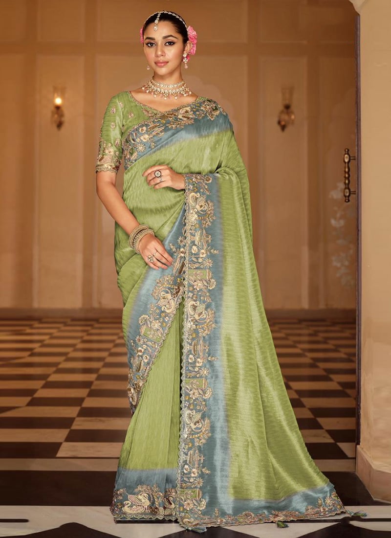 Magnificent Pista Green Soft Silk Zari Weaving Heavy Thread Embroidery Khatli Work Saree Wedding Wear