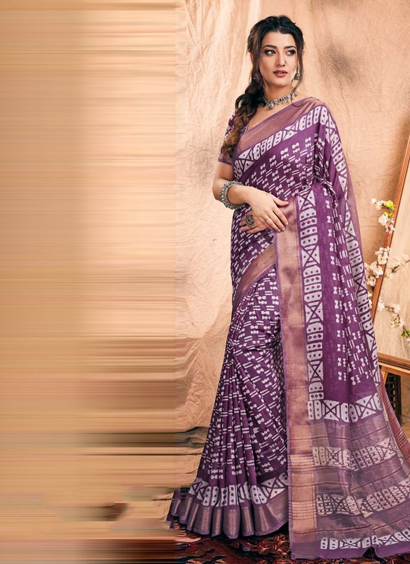 Magnificent Purple Chanderi Silk Batik Print Saree After Six Wear